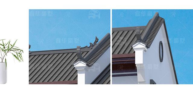 整體造型方正有序，青灰瓦鋪面屋頂古典韻味十足，搭配同色系仿石材外墻和紅棕色的窗柱門欄，處處透露著東方古典的清雅意境!