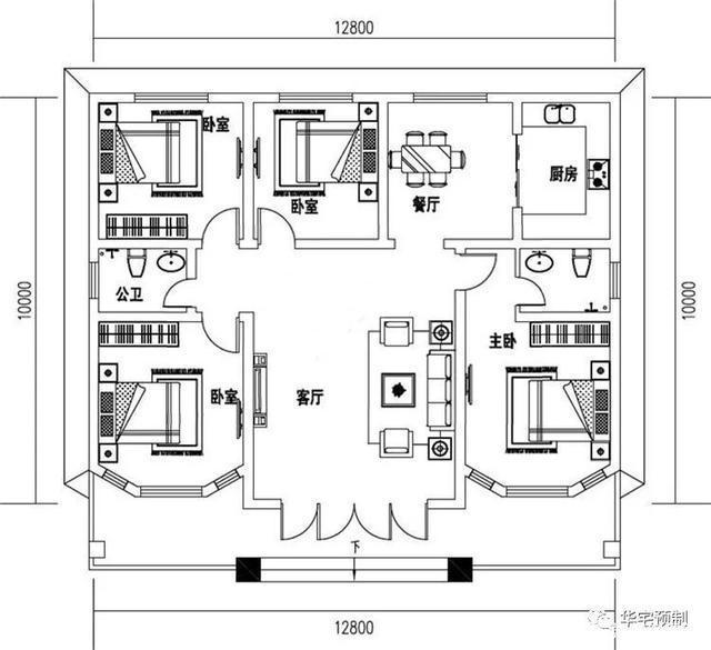 　該村一樓平頂別墅的設(shè)計(jì)圖售價(jià)10萬(wàn)元，父母住得很舒適,兒女也放心