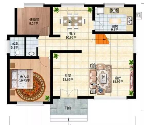這款別墅根據(jù)農(nóng)村居住習(xí)慣設(shè)有堂屋神位，將品質(zhì)生活與傳統(tǒng)習(xí)俗相結(jié)合，適合廣大地區(qū)建造。