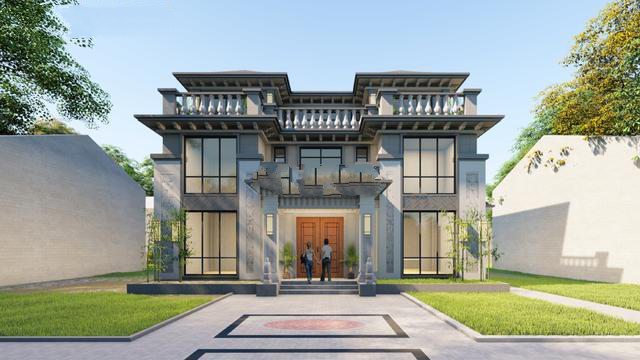 建筑為新中式風(fēng)格，整體色調(diào)以簡潔的高級灰為主，與周邊環(huán)境相呼應(yīng),新中式別墅外觀更加寬敞，美麗的風(fēng)景盡收眼底！
