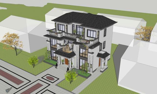 建筑為新中式風(fēng)格，整體色調(diào)以簡潔的高級灰為主，與周邊環(huán)境相呼應(yīng),新中式別墅外觀更加寬敞，美麗的風(fēng)景盡收眼底！
