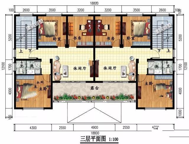 獨棟別墅設(shè)計成三層的公共房間，每個家庭有7間臥室，生活非常方便。
