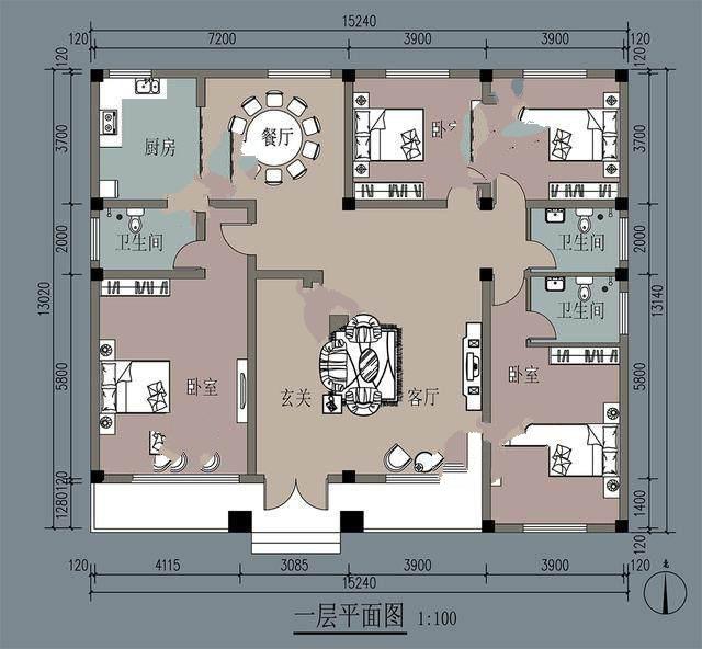我向你們展示一套新農(nóng)村的平面圖，寬15米，深13米。它計(jì)劃建在豫北的農(nóng)村。這間公寓怎么樣？